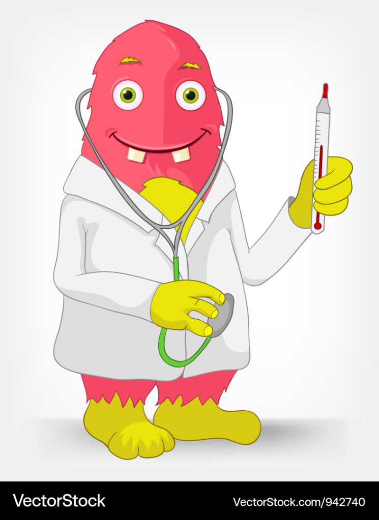 Vector image of a pink monster in a white coat with a stethescope and thermometer.

Dr Google will lead you astray. 