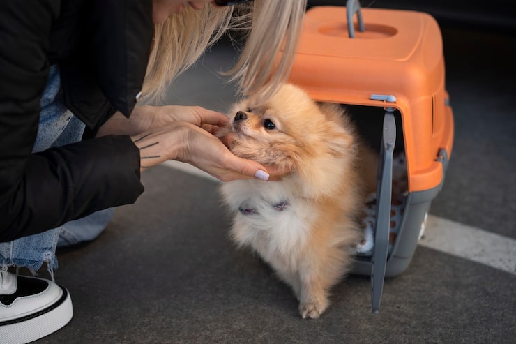 A woman kneels down to greet a Pomeranian puppy exiting a plastic carrier. Puppies sometimes travel thousands of miles from their breeder in order to get to their new home. 

Image via freepik.com