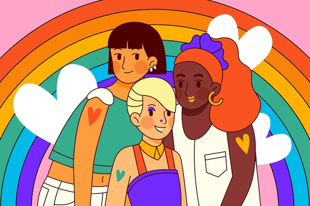 Hand-drawn image of a multiracial group of people with heart tattoos on their upper arm standing in front of a background of hearts with a large rainbow.
